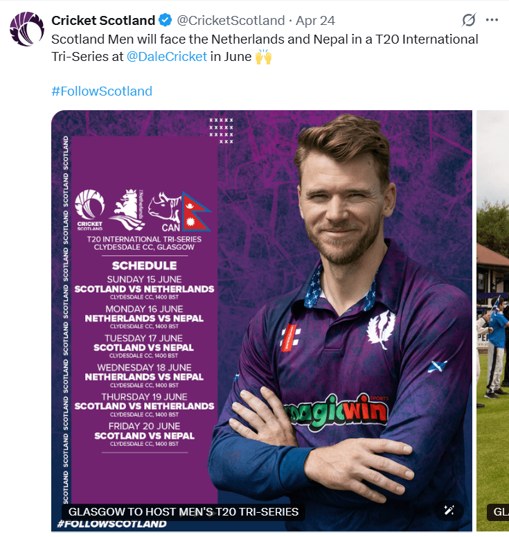 Scotland to Host T20 Tri-Series in June