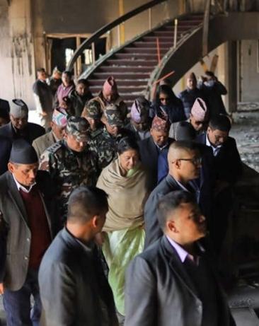 Former President Bhandari Inspects Damage at Parliament Building in New Baneshwor
